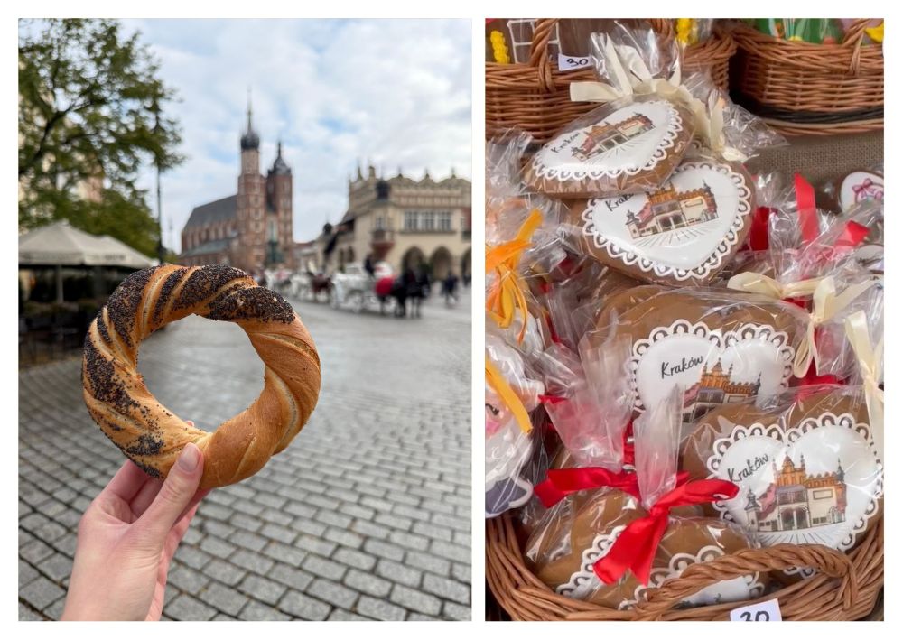 Krakowskie produkty spożywcze - obwarzanek oraz pierniki z motywem Krakowa